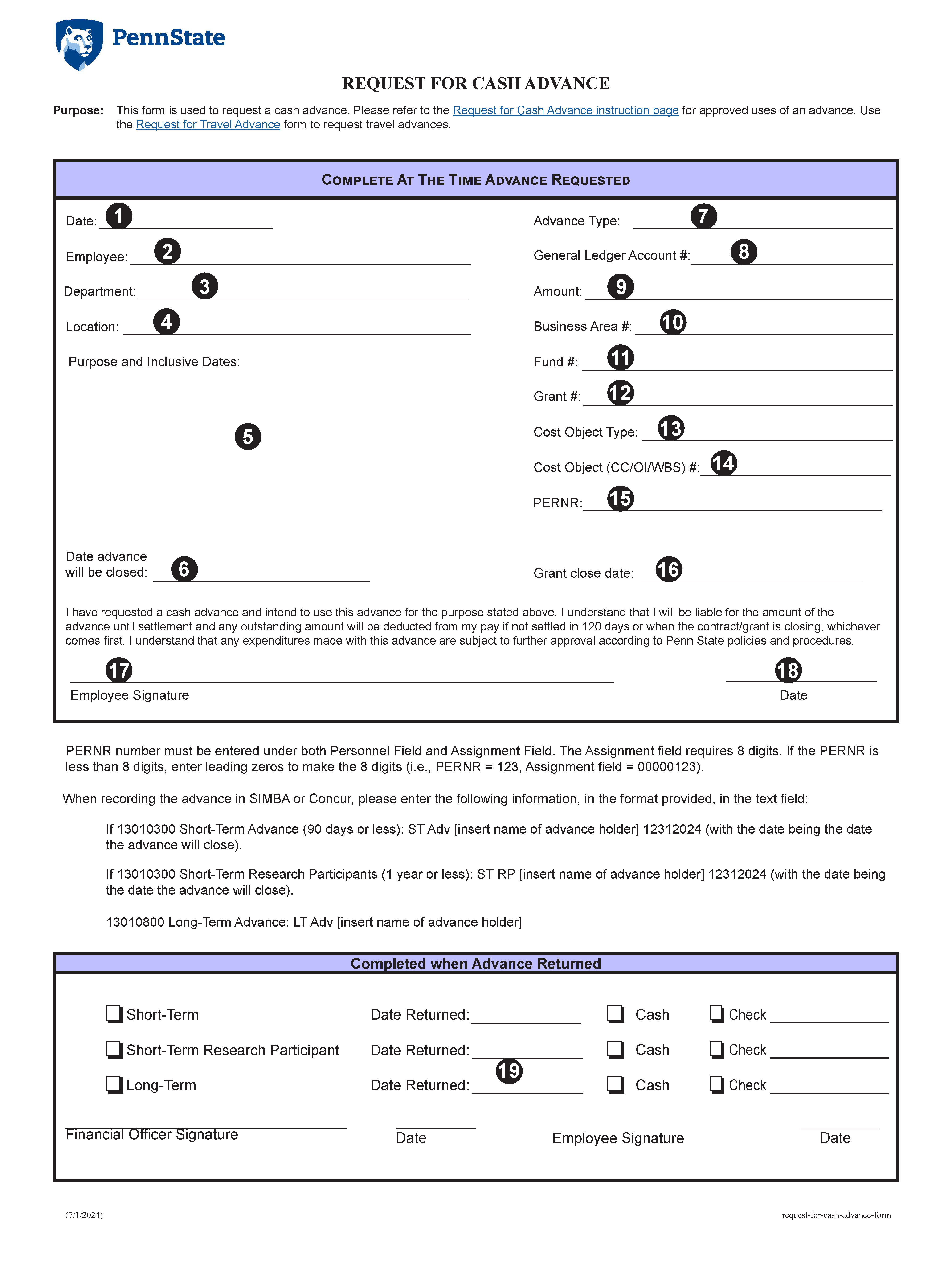 Image of Request for Cash Advance Form